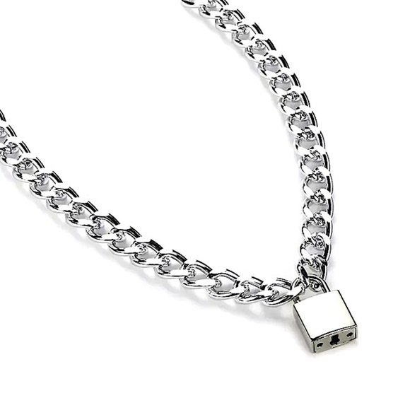 Silver Lock Key Cuban Chain Link Choker - Picture 8 of 10